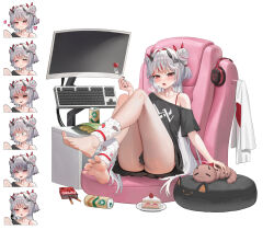 1girl absurdres ass barefoot black_horns black_nails black_shirt black_skirt blush cake cake_slice can chips_(food) collarbone colored_inner_hair commentary computer_keyboard double_bun english_commentary expression_chart feet flat_chest food fork full_body grey_hair hair_bun hair_intakes headphones highres horns indie_virtual_youtuber leg_warmers legs long_hair mai_rubee miniskirt monitor multicolored_hair nail_polish on_chair open_mouth pleated_skirt pocky potato_chips red_eyes red_hair refla shirt single_bare_shoulder sitting skirt soles spread_legs streaked_hair t-shirt thighs toenails toes tongue tongue_out unworn_headphones very_long_hair virtual_youtuber white_leg_warmers