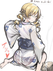 1girl ass black_panties blonde_hair blue_sash drill_hair from_behind highres japanese_clothes kimono looking_at_viewer looking_back mahou_shoujo_madoka_magica panties sash solo tomoe_mami twin_drills underwear ura47869454 white_background white_kimono yellow_eyes