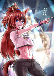 1girl absurdres animal_ears black_pants black_sports_bra blue_eyes bracelet breasts brown_hair bubble_gum_fellow_(umamusume) clothes_writing commentary commentary_request cowboy_shot crop_top crop_top_overhang cropped_shirt denim ear_chain ear_ornament glint grin groin hair_between_eyes hair_ornament highres horse_ears horse_girl horse_tail horseshoe_print jeans jewelry kaito_schumacher linked_piercing long_hair looking_at_viewer medium_breasts midriff multicolored_hair navel pants piercing pointing shirt shirt_overhang short_sleeves sidelocks smile solo sports_bra sports_bra_peek stage stage_lights standing tail teeth torn_clothes torn_jeans torn_pants uma_summer_(umamusume) umamusume white_hair white_shirt