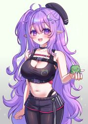 1girl artist_name beret black_choker black_hat black_pantyhose black_shorts black_tank_top breasts chest_belt choker cleavage collarbone crescent crescent_hair_ornament crop_top eepy_sleepy_(sleepy_2.0) hair_ornament hat highres long_hair midriff navel open_mouth pantyhose phase_connect pointy_ears purple_eyes purple_hair purple_nails shorts sleepy_project smile star_(symbol) star_choker su_niii tank_top virtual_youtuber