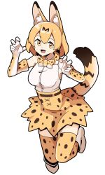 1girl absurdres animal_ears animal_print blonde_hair bow bowtie gloves heckal highres kemono_friends open_mouth print_bow print_bowtie print_gloves print_skirt serval_(kemono_friends) short_hair skirt smile striped_tail tail two-tone_bow two-tone_bowtie