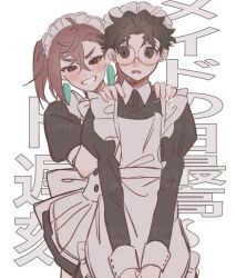 1boy 1girl apron ayase_momo black_dress black_hair blush brown_eyes brown_hair commentary cowboy_shot crossdressing dandadan dress earrings floating_earring frilled_hairband frills glasses hair_between_eyes hairband hands_on_another&#039;s_shoulders highres jewelry long_sleeves looking_at_viewer maid maid_apron maid_headdress medium_hair n_nagi3 parted_lips puffy_long_sleeves puffy_short_sleeves puffy_sleeves round_eyewear short_hair short_sleeves straight-on takakura_ken_(dandadan) twintails v-shaped_eyebrows white_apron wrist_cuffs