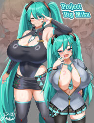 Rule 34 | 2girls, :d, \m/, alternate breast size, alternate costume, aqua eyes, aqua hair, areola slip, armpits, barcode, barcode tattoo, bare shoulders, between breasts, black thighhighs, blush, breast tattoo, breasts, cleavage, cleavage cutout, clothing cutout, covered navel, curvy, detached sleeves, dual persona, fang, food-themed hair ornament, grey background, hair ornament, hand on own hip, hatsune miku, headset, highres, hip tattoo, huge breasts, leotard, long hair, mesugaki, microskirt, miniskirt, multiple girls, navel, necktie, necktie between breasts, one eye closed, open mouth, partially unzipped, pleated skirt, purple nails, see-through clothes, see-through sleeves, shortstack, signature, skirt, smile, smug, spring onion hair ornament, tattoo, thighhighs, twintails, very long hair, vocaloid, xiao (gensou8953), zettai ryouiki, zoom layer