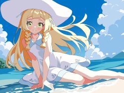 1girl arm_support beach blonde_hair blush braid cloud day dress female_focus green_eyes hat lillie_(pokemon) long_hair nintendo outdoors pokemon pokemon_sm sitting sky smile solo sun_hat sundress twintails two-tone_dress water white_dress white_hat yokoshima_akunusu yokozuwari