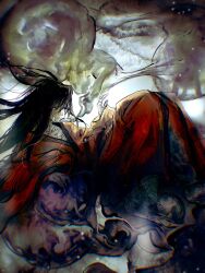 Rule 34 | 1boy, 1other, absurdly long hair, bandaged chest, bandaged hand, bandaged neck, bandages, black hair, blurry, blurry foreground, chinese clothes, chinese commentary, chromatic aberration, closed mouth, dao gui yi xian, faux traditional media, floating, floating hair, hair down, hand up, hanfu, highres, ink wash painting, ji zai, li huowang, long hair, long sleeves, lying, male focus, messy hair, monster, official alternate hair length, official alternate hairstyle, red eyes, red hanfu, red robe, robe, san qing, slime (creature), slime (substance), smoke, solo focus, very long hair, wide sleeves, zhenyuee