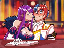 1boy 1girl bare_shoulders blue_eyes blue_hair blush book breasts cleavage crossed_bangs dress embarrassed fire_emblem fire_emblem_engage gloves hair_between_eyes heterochromia ivy_(fire_emblem) large_breasts long_hair male_alear_(fire_emblem) mnejing30 multicolored_hair nervous nintendo open_book purple_eyes purple_hair reading red_eyes red_hair short_hair smile split-color_hair two-tone_hair white_gloves