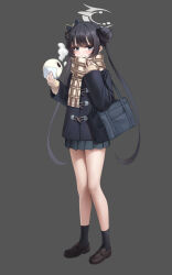 1girl alternate_costume bag steamed_bun black_hair black_socks blue_archive brown_footwear butterfly_hair_ornament chirang closed_mouth coat double_bun food full_body grey_background hair_bun hair_ornament halo highres holding holding_food kisaki_(blue_archive) loafers long_hair long_sleeves looking_at_viewer scarf school_bag school_uniform shoes simple_background skirt socks standing striped_clothes striped_scarf winter_clothes winter_coat