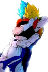 2boys abs arm_around_shoulder arm_around_waist back black_vest black_wrist_cuffs blonde_hair blue_dougi blue_pants blue_sash blue_shirt closed_eyes cropped_vest dougi dragon_ball dragon_ball_super dragon_ball_super_broly earrings feet_out_of_frame from_behind gloves gogeta hand_on_another&#039;s_shoulder highres hug jewelry male_focus medium_hair metamoran_vest multiple_boys muscular muscular_male no_shirt open_clothes open_vest orange_undershirt pants potara_earrings sash shirt shirtless_male short_sleeves sleeveless spiked_hair super_saiyan super_saiyan_blue trait_connection undershirt vegetto vest white_gloves white_pants wrist_cuffs yaoi