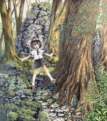 1girl :d black_hair black_ribbon black_skirt collared_shirt commentary_request day geta hat highres marker_(medium) moss neck_ribbon open_mouth outdoors outstretched_arms puffy_short_sleeves puffy_sleeves red_eyes red_hat ribbon shameimaru_aya shirt short_hair short_sleeves skirt smile socks solo spread_arms tatuhiro tengu-geta tokin_hat touhou traditional_media tree white_shirt white_socks wide_shot