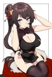 Rule 34 | 1girl, absurdres, black dress, black gloves, black thighhighs, blue eyes, breasts, brown hair, china dress, chinese clothes, cleavage, commission, covered navel, crossed bangs, dress, from above, fur-trimmed jacket, fur trim, gloves, hair between eyes, hair bun, half gloves, hands up, highres, jacket, large breasts, long hair, no panties, parted lips, peps art, ponytail, red jacket, sitting, solo, termichan (not-a-bot), thighhighs