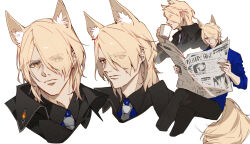 1boy animal_ear_fluff animal_ears arknights black_coat blonde_hair blue_shirt coat collared_shirt commentary cropped_legs cropped_torso cup drinking english_commentary frown hair_over_one_eye high_collar holding holding_cup holding_newspaper horse_boy horse_ears horse_tail lirica male_focus mlynar_(arknights) multiple_views necktie newspaper reading serious shirt simple_background sleeves_rolled_up tail white_background white_necktie yellow_eyes