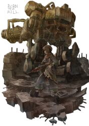 1girl ammunition_pouch bandana bandana_around_neck black_boots boots brown_hair caterpillar_tracks chest_rig closed_mouth concrete english_text ephe99261012 floating gatling_gun gun helmet highres holding holding_gun holding_weapon looking_ahead machinery mecha medium_hair original patterned_clothing patterned_legwear pilot_helmet pouch rebar red_bandana robot rubble science_fiction simple_background solo standing torn_clothes weapon white_background