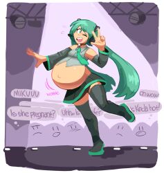 belly big_belly english_text hatsune_miku highres navel noodlemage one_eye_closed outie_navel pregnant speech_bubble thought_bubble twintails vocaloid