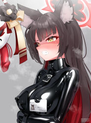 1girl absurdres alternate_costume animal_ear_fluff animal_ears black_bodysuit black_hair blue_archive bodysuit breasts colored_inner_hair covered_erect_nipples dildo_gag dildo_under_mask fox_ears fox_girl fox_mask gag halo highres impossible_bodysuit impossible_clothes large_breasts latex latex_bodysuit long_hair maguro27 mask multicolored_hair nipple_piercing piercing red_hair red_halo skin_tight solo very_long_hair wakamo_(blue_archive) yellow_eyes