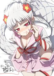 1girl armlet blush braid breasts byakuda_(kemono_friends) downblouse flower from_above furrowed_brow gakukuru groin hair_flower hair_ornament hand_up head_tilt highres hip_vent jewelry kemono_friends kemono_friends_3 long_hair miniskirt mouth_hold no_bra nose_blush parted_lips pink_skirt red_eyes ribbon-trimmed_sleeves ribbon_trim seductive_smile shirt sidelocks sitting skirt small_breasts smile solo string_around_finger string_in_mouth thigh_strap very_long_hair white_hair