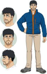 Rule 34 | 4boys, anime coloring, beard stubble, black hair, closed mouth, facial hair, full body, futari solo camp, grey shoes, hand on own hip, jacket, kinokura gen, looking at viewer, multiple boys, mustache stubble, official art, open mouth, pants, profile, shimazaki tomomi, shirt, shoes, short hair, sideburns, simple background, smile, standing, stubble, track jacket, transparent background, upper body, very short hair, white shirt