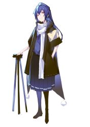 1girl absurdres alternate_costume black_cape black_jacket blue_hair blue_hat blue_pantyhose blue_shirt blue_skirt cape chinese_commentary closed_mouth commentary_request full_body hair_between_eyes hand_in_pocket hat highres holding holding_tripod iizunamaru_megumu jacket long_hair looking_at_viewer no_shoes open_clothes open_jacket pantyhose pleated_skirt pom_pom_(clothes) red_eyes scarf shirt short_sleeves simple_background skirt smile solo standing touhou tripod wb_yimo white_background white_scarf