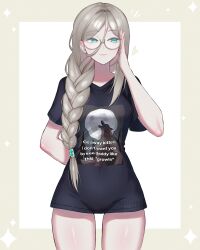 Rule 34 | 1girl, :3, absurdres, adjusting eyewear, aia amare, aqua eyes, arm behind back, black shirt, blonde hair, braid, clothes writing, cowboy shot, glasses, hair between eyes, highres, keliinox, long hair, naked shirt, nijisanji, nijisanji en, photo-referenced, shirt, solo, t-shirt, thighs, virtual youtuber