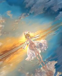 1girl ;d ahoge alternate_costume alternate_hairstyle animal_ears barefoot blonde_hair blue_sky blush cloud cloudy_sky commentary_request dress dutch_angle fox_ears fox_girl full_body gradient_sky hair_down highres hololive horizon kou_mashiro long_dress long_hair looking_at_viewer multicolored_hair ocean omaru_polka one_eye_closed open_mouth orange_sky outdoors outstretched_arms pink_hair purple_eyes see-through_silhouette sky smile solo standing streaked_hair sunset translucent virtual_youtuber water white_dress