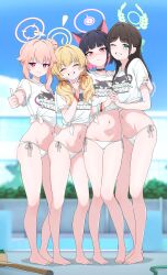 4girls absurdres after-school_sweets_club_(blue_archive) ahoge airi_(band)_(blue_archive) airi_(blue_archive) animal_ears barefoot bikini black_choker blonde_hair blue_archive brown_hair cat_ears choker closed_eyes closed_mouth colored_inner_hair green_eyes grin hair_bun hair_ribbon halo highres holding_hands interlocked_fingers kazusa_(band)_(blue_archive) kazusa_(blue_archive) long_hair multicolored_hair multiple_girls nakaoka_ramu natsu_(band)_(blue_archive) natsu_(blue_archive) navel one_eye_closed pink_hair pink_halo red_eyes red_ribbon ribbon shirt short_hair short_sleeves side-tie_bikini_bottom single_side_bun smile standing swimsuit t-shirt thumbs_up tied_shirt white_background white_bikini yellow_halo yoshimi_(band)_(blue_archive) yoshimi_(blue_archive)
