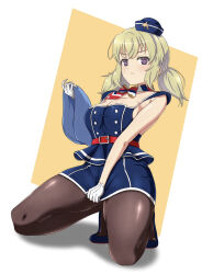 1girl ascot belt blonde_hair blue_ascot blue_footwear blue_skirt blue_tank_top blush breasts cleavage closed_mouth clothes_pull collarbone dolphin flight_attendant frown garrison_cap gloves hat highres holding holding_towel kafuru_(senran_kagura) kneeling looking_at_viewer low_twintails macaroni_(dontakadx) medium_breasts multicolored_ascot pantyhose pencil_skirt purple_eyes red_ascot red_belt senran_kagura senran_kagura_estival_versus senran_kagura_new_link shiny_skin short_twintails simple_background skirt skirt_pull skirt_tug solo tank_top towel travel_attendant twintails two-tone_background uniform white_ascot white_background white_gloves yellow_ascot yellow_background