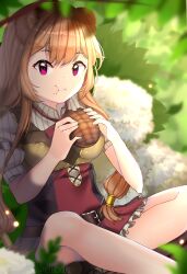 1girl absurdres animal_ears armor artist_name belt black_dress boots bread breastplate brown_belt brown_boots brown_hair closed_mouth collared_dress commentary crumbs double-parted_bangs dress eating elliboon english_commentary flower food food_on_face high_collar highres holding holding_food layered_dress long_hair looking_at_viewer melon_bread metal_hair_tubes neck_ribbon outdoors pink_eyes raccoon_ears raphtalia red_dress red_ribbon ribbon sleeveless sleeveless_dress sleeves_rolled_up solo striped_clothes striped_dress tate_no_yuusha_no_nariagari twitter_username two-tone_dress unworn_boots vertical-striped_clothes vertical-striped_dress white_dress white_flower