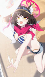1boy 1girl :d absurdres animal_ears bikini blue_archive blush breasts brown_hair cleavage commentary_request fang fox_ears fox_girl fox_tail halo highres izuna_(blue_archive) izuna_(swimsuit)_(blue_archive) medium_breasts official_alternate_costume open_mouth red_halo red_scarf scarf short_hair skin_fang smile solo striped_bikini striped_clothes swimsuit tail thighs wako_(1194433260) yellow_eyes