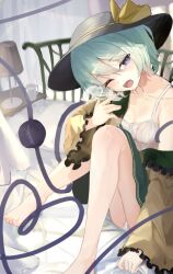 1girl bare_legs bare_shoulders barefoot bed black_hat blue_eyes bow breasts breath collarbone cup curtains feet frilled_sleeves frills green_hair green_skirt hair_between_eyes hat hat_bow hat_ribbon heart heart_of_string highres komeiji_koishi looking_at_viewer off_shoulder on_bed one_eye_closed open_mouth panties pillow ribbon shirt short_hair sitting skirt solo tears third_eye touhou underwear waking_up white_panties yawning yellow_bow yellow_ribbon yellow_shirt yorinagishiku