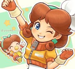 artist_name baby baby_daisy blue_eyes brown_hair closed_eyes cropped_jacket dual_persona earrings fingerless_gloves gloves highres jacket jewelry long_hair looking_at_viewer mario_(series) mario_kart mario_kart_world nintendo one_eye_closed orange_gloves orange_jacket pacifier princess_daisy princess_daisy_(touring) smile star_(symbol) suruga_kanade zipper_pull_tab