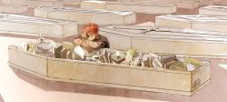1boy black_gloves black_shirt book cage character_request check_character coffin collared_shirt d.gray-man eyepatch fgtr fingerless_gloves gloves green_eyes lavi long_sleeves male_focus red_hair shadow shirt short_hair solo