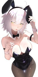 1girl ahoge animal_ears bare_shoulders black_leotard blush bow bowtie breasts brown_pantyhose cleavage collarbone detached_collar fake_animal_ears fate/grand_order fate_(series) grey_hair highres jeanne_d&#039;arc_alter_(fate) large_breasts leotard looking_at_viewer open_mouth pantyhose playboy_bunny rabbit_ears short_hair solo thighs umi_endu wrist_cuffs yellow_eyes