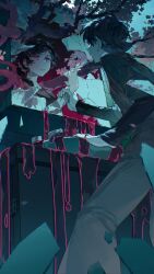 1boy 1girl andrew_graves ashley_graves basilcopperhand black_hair black_sweater broken_mirror from_below highres holding_hands looking_at_another mirror pink_eyes siblings sink sweat sweater the_coffin_of_andy_and_leyley