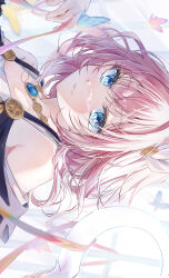 Rule 34 | 1girl, absurdres, bare shoulders, blue butterfly, blue eyes, bug, butterfly, commentary, cyrene (honkai: star rail), hand up, highres, honkai: star rail, honkai (series), insect, looking at viewer, mahiru yura, medium hair, parted lips, pink hair, portrait, red butterfly, shirt, smile, solo, white shirt