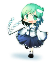 1girl alternate_hairstyle aqua_eyes aqua_hair bad_id bad_pixiv_id blue_hair blush chibi detached_sleeves female_focus full_body gohei gradient_hair green_eyes green_hair hair_ornament kochiya_sanae matching_hair/eyes multicolored_hair open_mouth pasutel short_hair smile solo standing standing_on_one_leg touhou