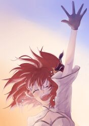1girl arm_up black_gloves chaldea_logo collared_shrug eyelashes fate/grand_order fate_(series) floating_hair flying_poop2 fujimaru_ritsuka_(female)_(fgo_fes._2025) gloves grin highres jewelry necklace open_mouth orange_hair short_sleeves shrug_(clothing) smile solo teeth upper_teeth_only white_shrug