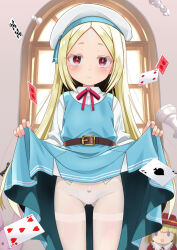 1girl belt belt_buckle beret blonde_hair blue_dress bow bow_panties brown_belt buckle card clothes_lift collared_shirt commentary cowboy_shot dress english_commentary flat_chest floating_card hat highres lifting_own_clothes loli long_hair long_sleeves looking_at_viewer mahou_shoujo_ni_akogarete mixed-language_commentary morino_korisu neck_ribbon paid_reward_available panties panties_under_pantyhose pantyhose parted_bangs parted_lips pinafore_dress playing_card red_bow red_eyes red_ribbon ribbon shirt skirt skirt_lift sleeveless sleeveless_dress solo thighband_pantyhose underwear usayaki_soba white_hat white_panties white_pantyhose white_shirt yellow_pupils