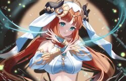 Rule 34 | 1girl, aqua eyes, aqua nails, blue gemstone, blunt bangs, blush, breasts, brooch, chromatic aberration, fake horns, floating hair, gem, genshin impact, gold trim, harem outfit, highres, horns, hydrokinesis, jewelry, large breasts, long sleeves, low twintails, nail polish, nilou (genshin impact), puffy long sleeves, puffy sleeves, red hair, sidelocks, smile, solo, spotlight, tsukimori mochi, twintails, upper body, veil, water, white headdress, white veil