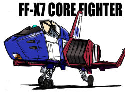 aircraft airplane canopy_(aircraft) core_fighter gundam landing_gear matsuda_miki mobile_suit_gundam no_humans science_fiction shadow simple_background vehicle_focus vehicle_name wheel white_background
