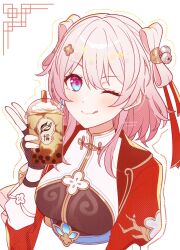 1girl :q alternate_costume aqua_eyes blush breasts brown_gloves bubble_tea_challenge chinese_clothes cup disposable_cup fingerless_gloves gloves highres holding holding_cup honkai:_star_rail honkai_(series) looking_at_viewer march_7th_(honkai:_star_rail) march_7th_(hunt)_(honkai:_star_rail) medium_breasts medium_hair multicolored_eyes pink_eyes pink_hair pochimaru_(marumaru_wanwan) smile solo tongue tongue_out two-tone_eyes