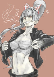 Rule 34 | 1girl, abs, alternate hairstyle, banchou, bousouzoku, breasts, delinquent, female focus, fujiwara no mokou, highres, long hair, midriff, navel, open clothes, open shirt, ponytail, sarashi, shirt, solo, touhou, yostel