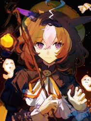 Rule 34 | 1girl, :3, animal ears, black dress, closed mouth, commentary request, dress, ear covers, ghost, hair between eyes, hairband, highres, hikawayunn, horse ears, horse girl, meisho doto (dot-o&#039;-lantern) (umamusume), meisho doto (umamusume), multicolored hair, official alternate costume, orange headwear, purple eyes, purple hairband, single ear cover, smile, solo, streaked hair, umamusume, upper body, white hair