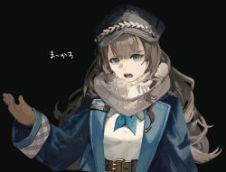 1girl :o belt black_background blue_coat blue_eyes blue_neckerchief brown_belt coat dress grey_hat hand_up hat highres ingenkita long_hair marcus_(reverse:1999) neckerchief newsboy_cap open_mouth reverse:1999 scarf solo upper_body v-shaped_eyebrows white_dress white_scarf