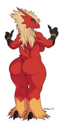 1girl artist_name ass back blaziken blonde_hair blue_eyes breasts claws closed_mouth dated female_focus from_behind full_body furry furry_female gen_3_pokemon hands_up happy highres huge_ass kneepits large_breasts long_hair looking_at_viewer looking_back muscular nintendo nude personification pokemon pokemon_(creature) robotjoe signature simple_background smile solo standing tail thumbs_up toned white_background wristband