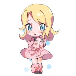 1girl :o black_boots blonde_hair blue_eyes blush boots buttons chibi commentary commentary_request dress full_body highres jojo_no_kimyou_na_bouken leg_warmers long_hair looking_at_viewer lucy_steel off_shoulder open_mouth pink_arm_warmers pink_dress pink_leg_warmers rairack777 solo steel_ball_run tears white_background