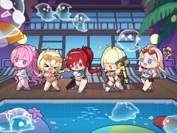 &gt;_&lt; 5girls :3 :d absurdres ahoge arms_up belt bikini blonde_hair blue_bikini blue_eyes bracelet braid breasts centi_(nikke) centi_(ocean_repair)_(nikke) chair chibi clothing_cutout commentary cruise_ship dorothy_(nikke) dorothy_(serendipity)_(nikke) double-parted_bangs earrings elegg_(boom_and_shock)_(nikke) elegg_(nikke) eyewear_on_head floating_flowers flower flying_sweatdrops folding_chair forehead ghost ghost_tail gloves goddess_of_victory:_nikke green_hairband gun hair_bun hair_flower hair_intakes hair_ornament hair_over_eyes hairband hat heart heart-shaped_eyewear heart_cutout highres holding holding_gun holding_weapon jewelry korean_commentary lamppost long_hair machine_gun multiple_girls night night_sky open_mouth outdoors palm_leaf palm_tree pink_hair ponytail poolside purple_eyes rapi_(nikke) rapi_(red_hood)_(nikke) rapi_(red_hood)_(red_flavor)_(nikke) red_eyes sandals scared ship_deck shirt short_hair side-tie_bikini_bottom single_glove sky slingshot_swimsuit smile sun_hat swept_bangs swim_ring swimsuit thigh_strap tove_(nikke) tove_(sunblaze)_(nikke) tree twin_braids umbrella underboob uz_(uzru0428) vacuum_cleaner weapon wet wet_clothes wet_shirt white_bikini white_shirt winged_hair_ornament yellow_bikini yellow_slingshot_swimsuit