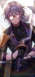 1boy beckoning black_gloves black_jacket black_shirt bolo_tie bungou_to_alchemist closed_mouth colored_lapels double-parted_bangs flying_paper furrowed_brow gears glasses gloves half_gloves highres holding holding_sword holding_weapon jacket katana kume_masao_(bungou_to_alchemist) lapel_pin lapels long_bangs long_sleeves looking_at_viewer low_ponytail male_focus medium_hair notched_lapels open_clothes open_jacket paper ponytail purple_eyes purple_hair purple_vest round_eyewear shirt sleeve_cuffs smile solo sword tukisaya upper_body vest weapon weapon_request white_background