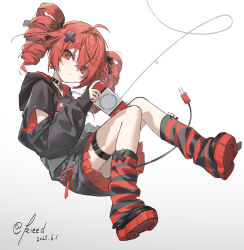 1girl absurdres black_choker black_hoodie black_ribbon black_shoes black_socks blush choker closed_mouth crossed_bangs drill_hair hair_between_eyes hair_ribbon handheld_game_console highres holding holding_handheld_game_console hood hoodie kasane_teto kieed long_hair looking_at_viewer loose_socks multicolored_socks red_eyes red_hair red_skirt red_socks ribbon shoes sidelocks skirt socks solo striped_clothes striped_socks thigh_strap twin_drills utau