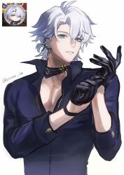 1boy antenna_hair black_choker black_gloves black_shirt blue_eyes choker collared_shirt earclip gloves half_gloves hashtag-only_commentary highres honkai:_star_rail honkai_(series) looking_at_viewer male_focus official_alternate_costume parted_bangs parted_lips pectoral_cleavage pectorals phainon_(fashion)_(honkai:_star_rail) phainon_(honkai:_star_rail) photo_inset ponytail reference_inset shirt short_hair simple_background solo twitter_username upper_body white_background white_hair wissen_dh