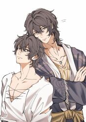 2boys :| brown_eyes brown_hair closed_mouth crossed_arms dual_persona fata_morgana_no_yakata hair_between_eyes hashtag-only_commentary highres huixiaaa42305 jacopo_bearzatti jewelry looking_at_another looking_at_viewer male_focus medium_hair multiple_boys necklace pectoral_cleavage pectorals shirt short_hair simple_background smile torn_clothes torn_shirt upper_body white_background white_shirt