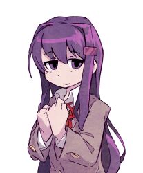 1girl chomahu closed_mouth collared_shirt commentary doki_doki_literature_club hair_between_eyes hair_ornament hairclip highres long_hair long_sleeves looking_at_viewer purple_eyes purple_hair red_ribbon ribbon school_uniform shirt simple_background solo upper_body white_background yuri_(doki_doki_literature_club)